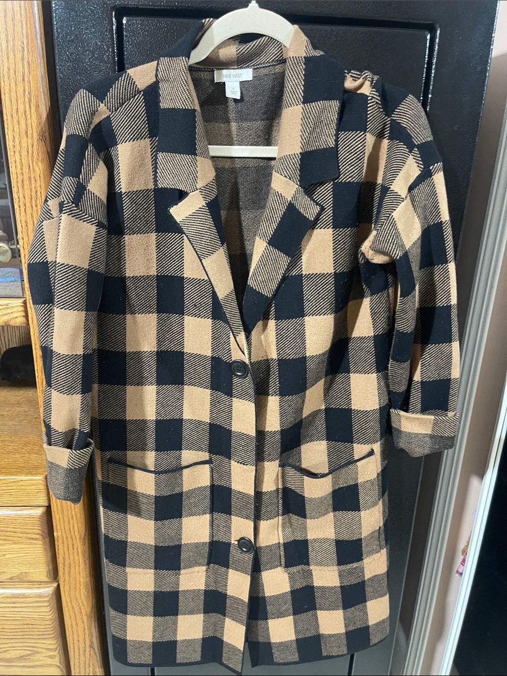 Nine West Black & Tan Plaid Single-Breasted Pea Coat